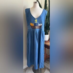Vintage‎ Denim Noah’s Ark Jumper Dress L 100% Cotton Whimsical Animal Applique